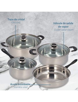 SANTA ANA HG127 Cookware Set 7 Pieces Ø16 and saucepans Ø18 Matching lids and Frying pan Ø24 cm Stainless Steel - B0992JCPD1T