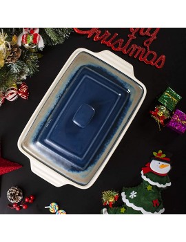 LOVECASA Stoneware Shallow Rectangular Dish with Lids Oven to Table Lasagne Pie Casserole Tapas Baking Dish38.5x24x9cm for Home Kitchens Blue 4000 ml - B08LMY8DGMO