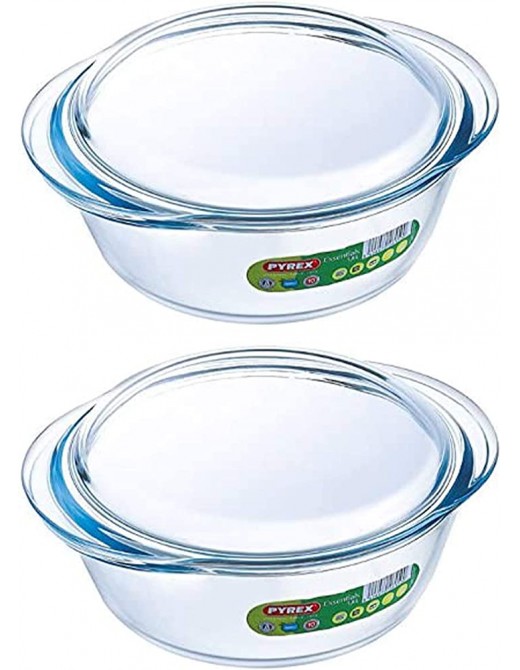 Pyrex Essentials Glass Round Casserole Dish with Lid 1.6L Transparent Pack of 2 - B08KXVVPT6R