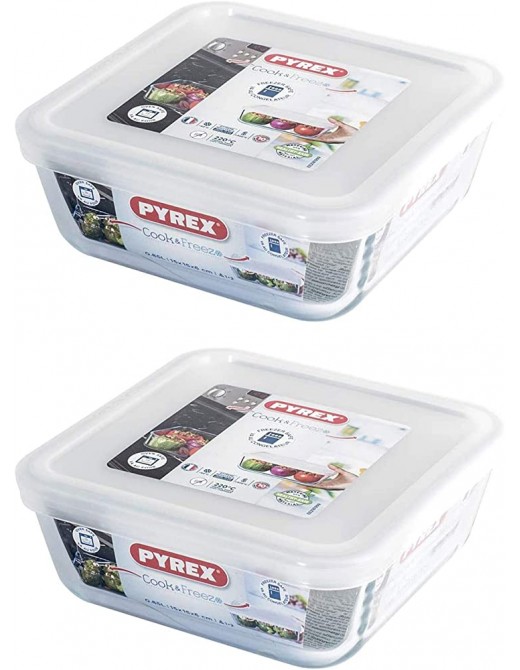 Pyrex Microwave Safe Classic Square Glass Dish with Plastic Lid 2.0 Litre White Pack of 2 - B08DKLG2F8K