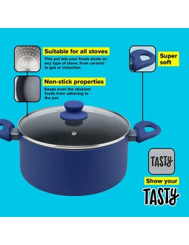 Tasty Cooking Pot with Lid Casserole Dish Round Stock Pot with Soft-Touch Handles Cooking Pot with Non-Stick Coating for All Stoves incl. Induction Dimensions: Ø 24 cm Colours: Grey and Blue - B09998WVMQD