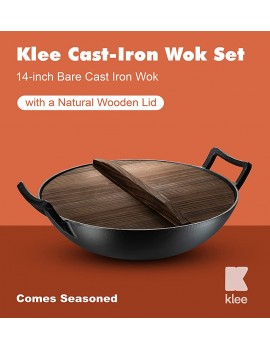 Klee Pre-Seasoned Cast Iron Wok with 2 Handles and Wooden Wok Lid 14-inch - B07SNXQ1GHP