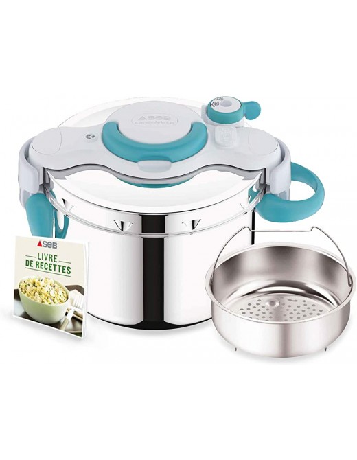 Seb ClipsoMinut'Easy + Blue 6L Folding Handles Induction Pressure Cooker Stainless Steel P4900716 [French Language] - B08KSDMD7JR