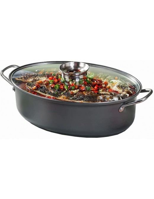 Oval Fish Steaming Pot Grilled Fish Non-stick Hot Pot Frying Pan Lifting Steaming Rack Household Large-capacity Visual Tempered Glass Lid Steaming Fish Stewing Soup Hot Pot Seafood - B09PH8FK8FI