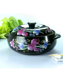 QZH Ceramic Round Casserole Dish,flower Pattern Earthen Pot Clay Pot Soup Pot With Lid Heat-resistant Saucepan For Slow Cooking Black 1.85quart - B09J1ZS6XDA