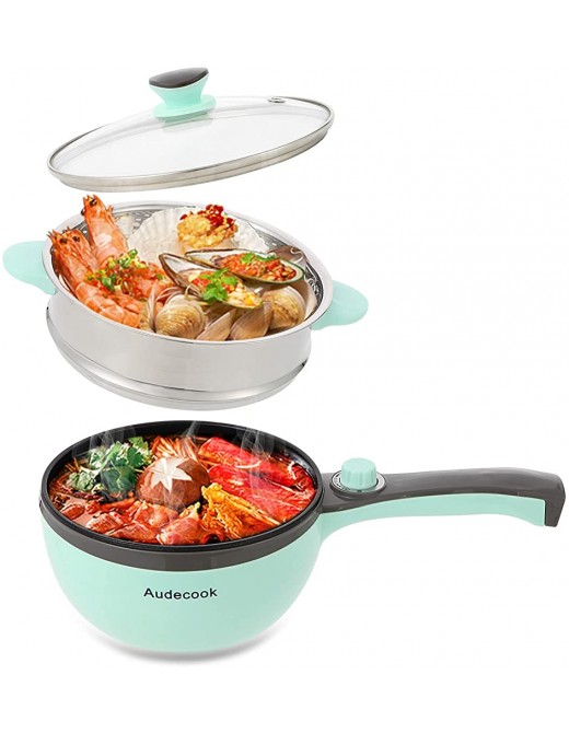Audecook Electric Frying Pan with Steamer 1.5L Electric Hot Pot Multifunction Non-Stick Electric Skillet 20cm Mini Travel Cooker for Pasta Ramen Noodles Vegetables Meat Eggs Green - B091PY1WNBL