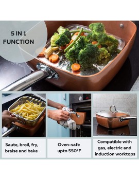 Copper Non-Stick Deep Sided Square Pan Kit with Lid 24cm 4 Piece Set Large Induction Base Great for Frying Baking Roasting Stir-Fry Oven Safe – By Nuovva - B07BFCHB8XE