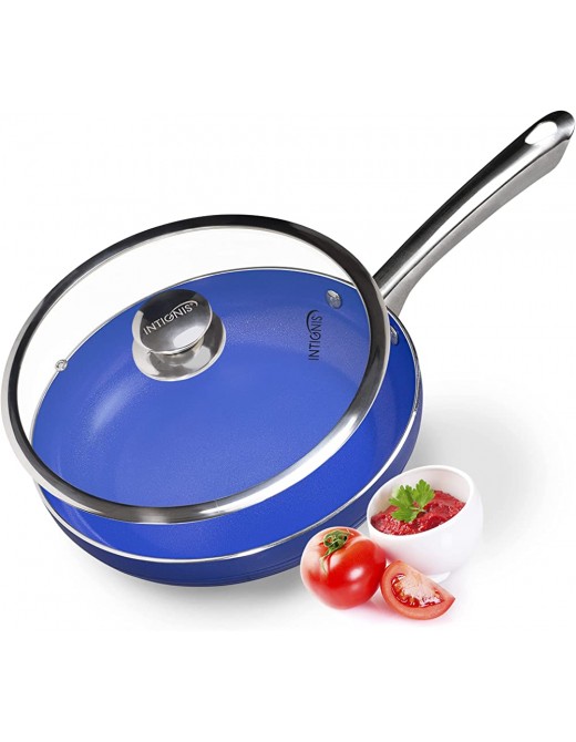 Frying Pan with Lid 24cm – 10 Inches Induction Skillet Ceramic Non Stick Coating Oven Proof Stainless Steel Handle PFOA Free Blue 24 cm - B09F4V9KKBK