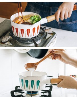 MGUOTP Japanese Style Enamel Milk Pan Mini Butter Warmer 1L Pot Pan Cookware with Wooden Handle 15cm Dia-B - B0B31DTD65P