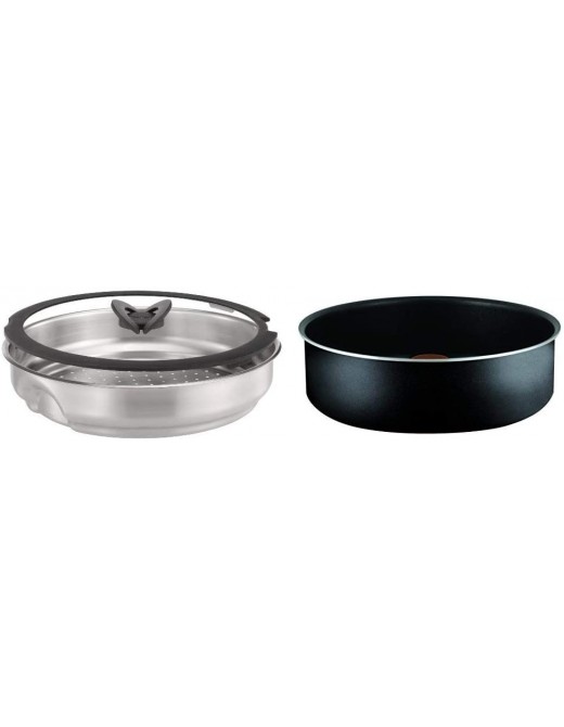 Tefal Ingenio Stainless Steel Steamer with Glass Lid & Ingenio Essential Non-stick Saute Pan 24 cm Black - B07V5QD7CMS