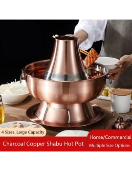 Vintage Copper Hot Pot Charcoal Shabu Shabu Hot Pot Pan Stainless Steel Chinese Cooker Traditional Soup Pot Cookware with Chimney for Home Party Restaurant,Gold,32cm - B09TZNNBSQU