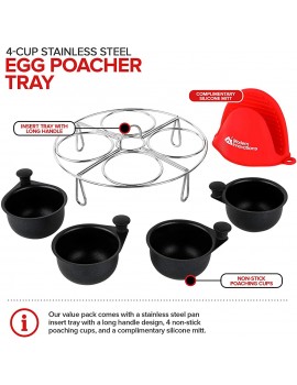 Modern Innovations Stainless Steel 4-Cup Egg Poacher Tray Complimentary Silicone Mitt Egg Poacher Insert for Poaching Eggs & Eggs Benedict Poached Egg Maker Compatible with Most Pans - B08K3QXKK8N