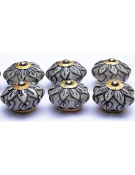 6 x Antique white large flower with black outline petals brass fittings ceramic cupboard door knob drawer pull shabby chic handle porcelain - B00MUV77FIB