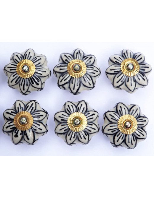 6 x Antique white large flower with black outline petals brass fittings ceramic cupboard door knob drawer pull shabby chic handle porcelain - B00MUV77FIB