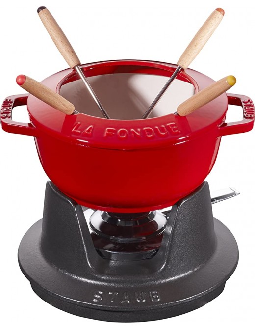 Staub Fondue Set with 4 Forks Suitable for Cheese Chocolate and Meat Fondue Cast Iron Cherry Red 16 cm - B01EZAGIVKJ