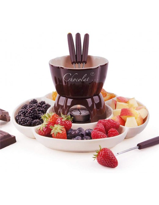 Ceramic Meat Cheese Chocolate Fondue Set Free 4 forks 4 candles Brown - B08X1WNTDQU