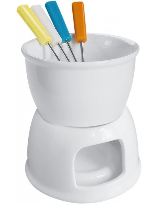 Lawei Fondue Set with 4 Color Forks Premium Tea Light Porcelain Melting Pot for Cheese Chocolate and Tapas White - B071DJ8SJ9J