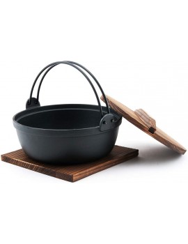 Happy Sales HSSN-MDP85 Japanese Design Cast Iron Nabe Sukiyaki Nabemono Hot Pot With Wooden Lid 58 fl.oz. - B082QY5STSQ