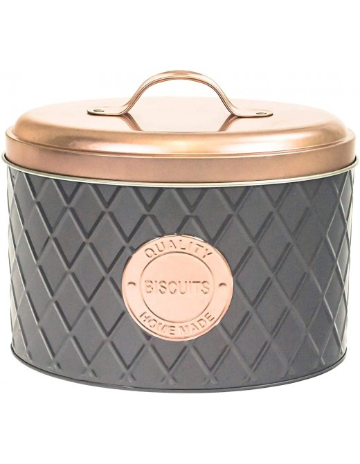 Grey & Copper Metal Biscuit Cookie Storage Tin Box Canister - B081HDLWQHB