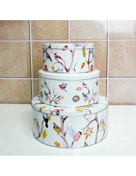 Set of 3 Round Nesting Cake Storage Tins airtight Baking Round Large Medium Small Bakery Boxes Biscuit Food Sweet Empty Box Storage tins containers lids Kitchen Gift Spring Birds - B09H3M64VBA