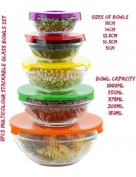 5 Pcs Glass Storage Bowl Set with Multi Coloured Lids Food Storage Microwave Dishwasher Freezer Safe Dessert Salad Bowls Stackable Glass Food Storage Containers Glass Meal Prep Containers - B0B2N67JGJF