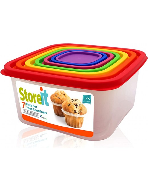 KNIGHT 7 Piece Rainbow Food Container Set with Lid BPA Free Dishwasher Safe High Strength Plastic Storage Set Assorted Sizes Colourful - B08PVYJC44L