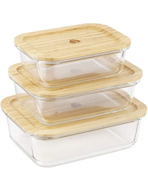 Navaris Glass Food Containers Set of 3 Kitchen Storage Container Set with Bamboo Lids Safe for Microwave Dishwasher Oven Freezer - B0892518FDL