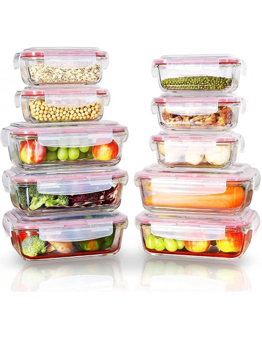 Vinsani 10 Pack Rectangle Glass Food Containers with Lids Airtight Glass Containers with Lids Food Prep Container Glass Meal Prep Containers Glass Storage Containers with Lids - B08NW3T84RG
