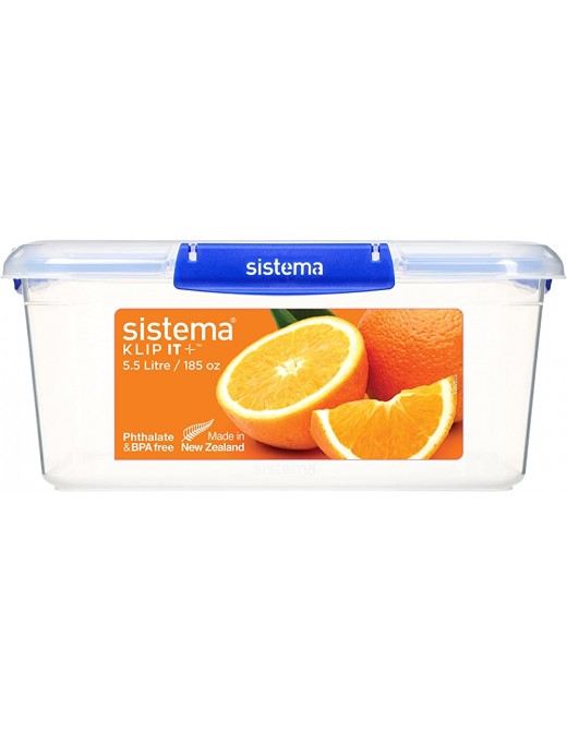Sistema KLIP IT PLUS Food Storage Container | 5.5 L Square | Stackable & Airtight Fridge Freezer Food Boxes with Lids | BPA-Free Plastic | Blue Clips | 1 Count - B08L6QM5H4M