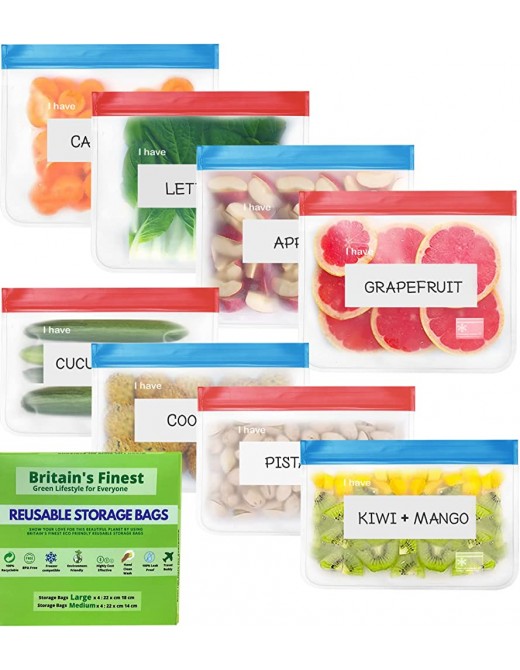 Britain’s Finest™️ Sustainable Reusable Freezer Bags 8 Pack | Salad Bag for Fresh Food Items with Text Box for Content Labels | Vacuum Double Seal FDA Travel Snack Sandwich Bag | Jewelry Make-up Bags - B08YDT9516Z