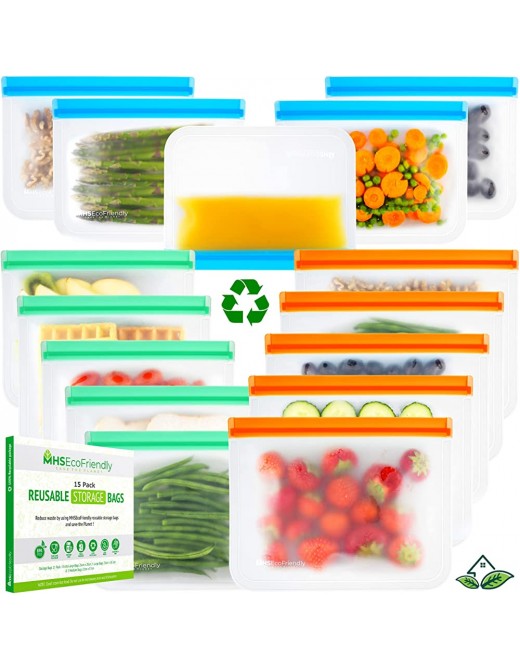 MHSEcoFriendly 15 Pack Reusable Freezer Bags Strong Leakproof Enhanced Design Easy Open & Close Reusable Food Bags & Storage Bags Reusable Sandwich Bags Snacks Fruits Veg Soup Lunch & Travel Bags - B08R7PQ7BBK