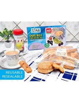STAG™ 40 X Double Zipper Freezer Bags  Large Ziplock Bags Resealable Sandwich Bags Reusable Food Storage Bags Smell Proof Clear Plastic Bag Grip Seal Zip Lock Bags - B0989N7V3LO