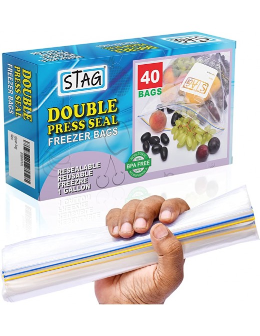 STAG™ 40 X Double Zipper Freezer Bags  Large Ziplock Bags Resealable Sandwich Bags Reusable Food Storage Bags Smell Proof Clear Plastic Bag Grip Seal Zip Lock Bags - B0989N7V3LO