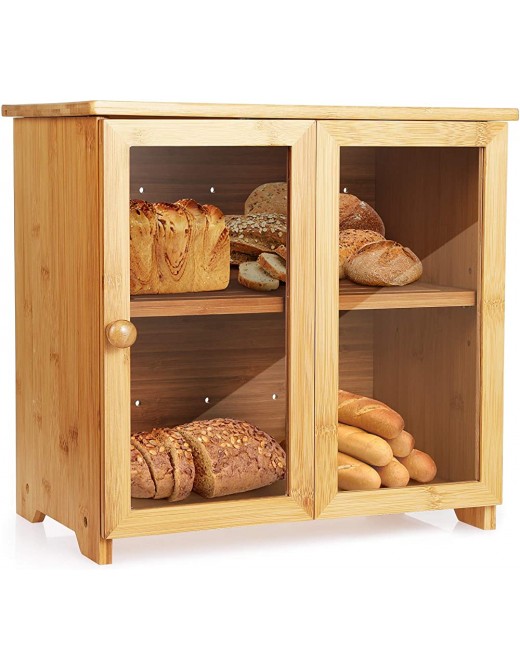 Bamboo Bread Bin for Kitchen Countertop Tobeelec 2-Layer Adjustable Retro Bread Box Large Storage for Bread Baked Goods Loaves Easy to Use Self Assembly 36 x 22 x 34 cm - B08PVGBCH7M