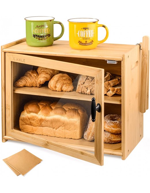 Bamboo Bread Box Two-Layer Bread Storage Holder Large Capacity Bread Bin Kitchen Organizer with Toaster Tong for Kitchen Countertop Pantry - B08TQF77BDZ