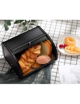 HollyHOME Bread Boxes with Stainless Steel Body Metal Home Storage Bin for Kitchen Counter Extra Large Bread Bin with Roll Up Easy Storage Bread Box Holder Lid Black - B08GR2D4LLB