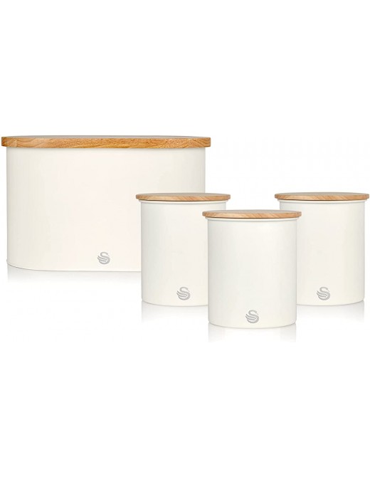 Swan Nordic Cotton White Kitchen Accessory Set with Bread Bin and Cutting Board Lid and Set of 3 Storage Canisters Bamboo Lids Handy Storage Soft Matte Finish STP1022WHTN - B07XX5XVPTN