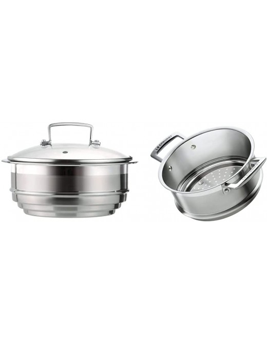 Le Creuset Stainless Steel Multi Steamer Insert with Glass Lid for use with 3Ply Stainless Steel Pans 16 cm to 20 cm & Stainless Steel Steamer Insert for use 3Ply Stainless Steel Pan 20 x 10 cm - B097MT9Z9QT