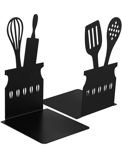 Black Cookbook Bookends 5.9 x 3.9 x 3.9 Inch Spoon Decorative Kitchen Metal Book Ends with Non-Slip Mat Metal Cookbook Storage Books Stoppers Metal Kitchen Cookbook Holder for Shelves Kitchen Book - B097RKWTRHI