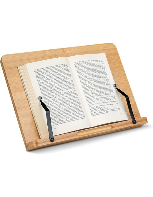 Navaris Bamboo Book Stand Hands-Free Reading Recipe Cookbook Tablet Holder with 2 Adjustable Metal Page Holders with Grips Bamboo Book Easel - B08KW23ZSNV