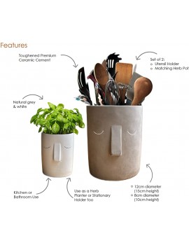 Face Design Utensil Holder including matching small herb pot - B09M7N2SLTX