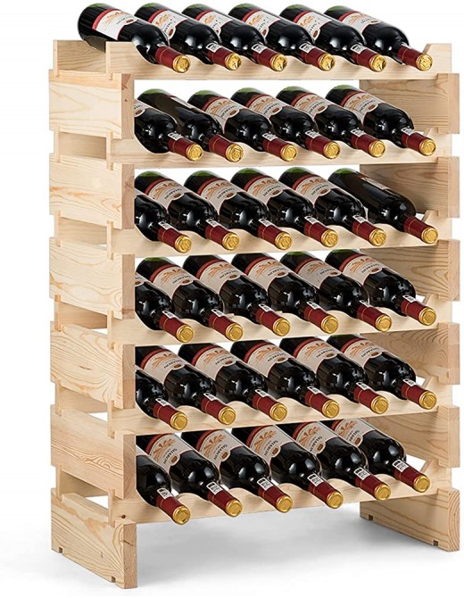 COSTWAY 6 Tier Wine Rack 36 Bottle Stackable Storage Wine Holder Stand Natural FIr Wood Drink Organizer Display Shelf for Home Kitchen Bar - B09XMSMXJ5I