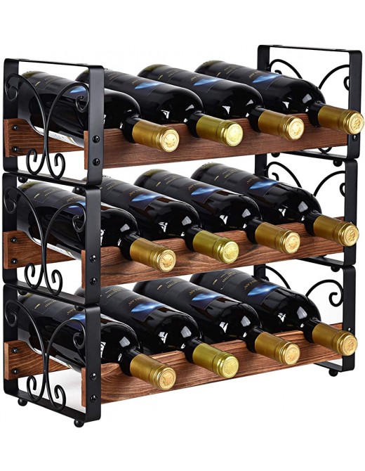 X-cosrack Rustic 3 Tier Stackable Wine Rack Freestanding 12 Bottles Organizer Holder Stand Countertop Liquor Storage Shelf Solid Wood & Iron 17 L x 7.2 W x 16.5 H-Patent Design - B07XR75ZD6C