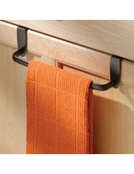 mDesign Tea Towel Holder – Over Door Towel Rail for Cupboards and Kitchens – Kitchen Towel Holder for Hand Towels Tea Towels and Cloths – Bronze - B01IC3TBQKO