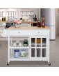 Bonnlo Kitchen Trolley Rolling Kitchen Island Unit Serving Cart with Tempered Glass Storage Cabinet Open Storage Shelf Wide Drawer Towel Handle Spice Rack and Solid Wood Top Table - B09LCVV26TR
