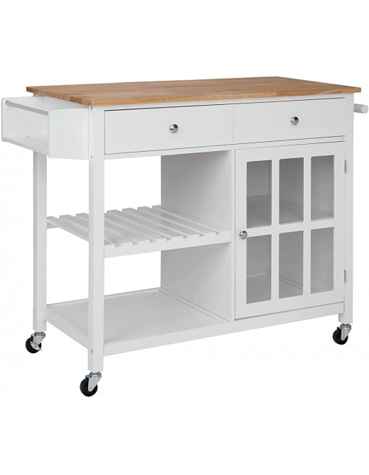 Bonnlo Kitchen Trolley Rolling Kitchen Island Unit Serving Cart with Tempered Glass Storage Cabinet Open Storage Shelf Wide Drawer Towel Handle Spice Rack and Solid Wood Top Table - B09LCVV26TR