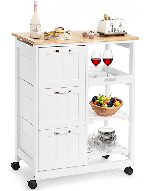 CASART Kitchen Island Trolley Cart 3 Drawer Kitchen Storage Cabinet Portable Food Cart with Pine Wood Worktop and Rolling Wheels for Kitchen Restaurant and Home - B09GJVQQ9VI