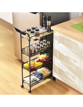 kingrack 4-Tier Slim Rolling Cart with Wooden Tabletop,Easy Assemble Mobile Storage Trolley On Wheels,Slide Out Utility Cart Shelving Units for Narrow Space on Kitchen Bathroom Laundry Room,Black - B08V8YL7DJW