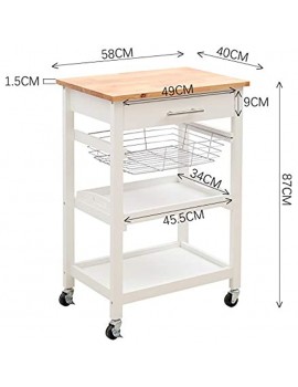 Qivange Kitchen Trolley Cart With Wine Rack 2 Tiers Shelves Wire Baskets and One Drawers 4 Wheels Handle W58 x D40 x H86.5cm White+Beech - B07NYR2DGFO