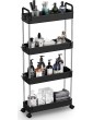 SOLEJAZZ 4-Tier Storage Trolley Cart Slide-out Slim Rolling Utility Cart Mobile Storage Shelving Organizer for Kitchen Bathroom Laundry Room Bedroom Narrow Places Plastic Black - B087P9N859T